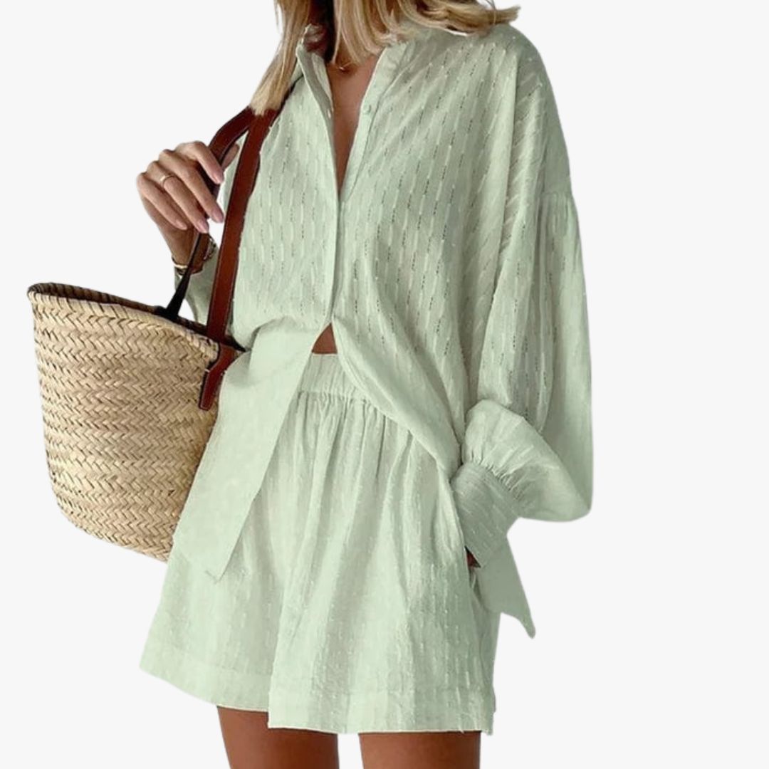 Jace & Rose 2-Piece Set Button-Up Shirt & High-Waisted Shorts Relaxed Fit Breathable Fabric for Women
