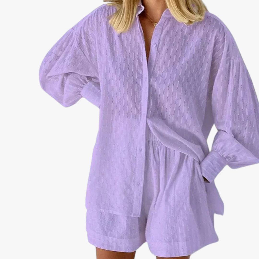 Jace & Rose 2-Piece Set Button-Up Shirt & High-Waisted Shorts Relaxed Fit Breathable Fabric for Women