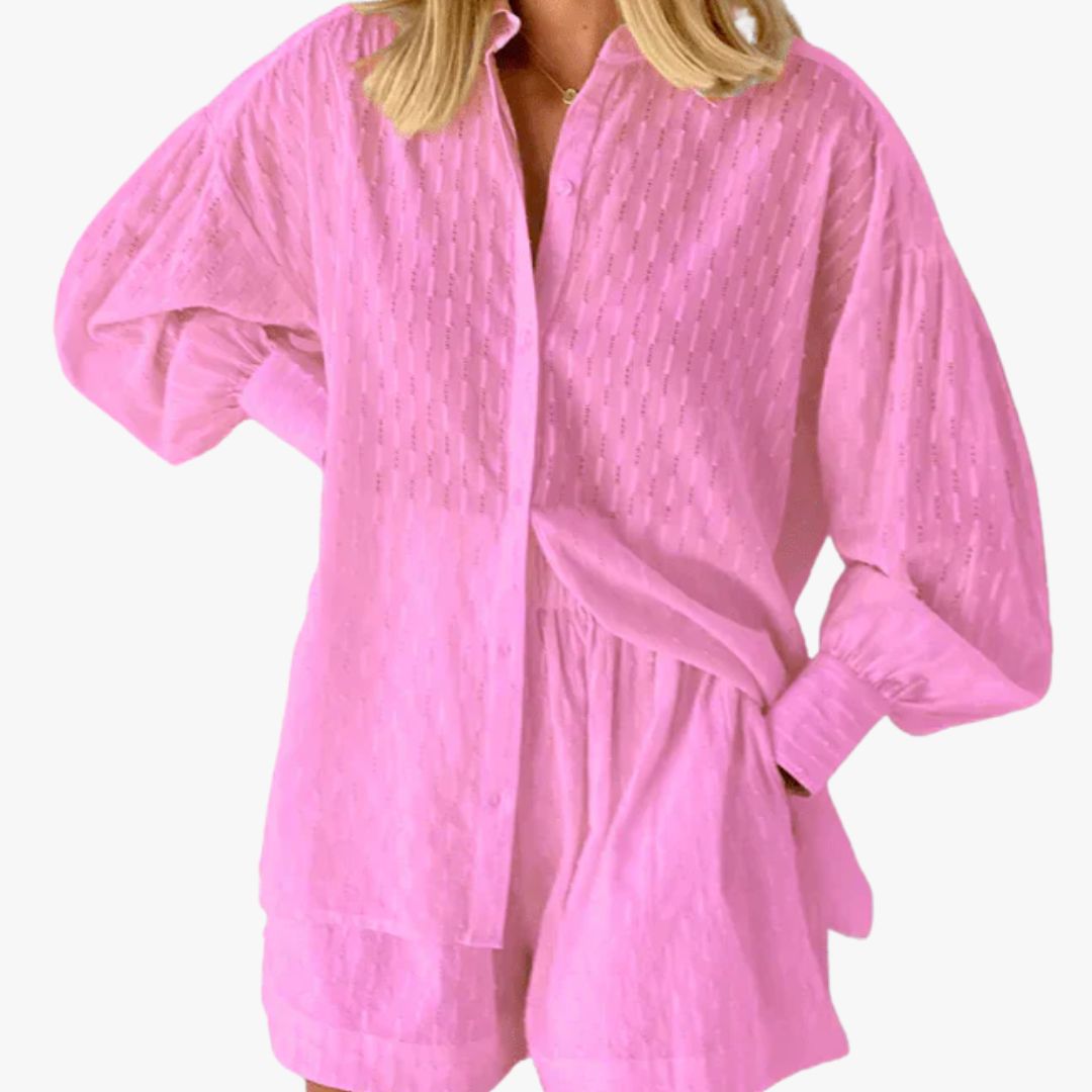 Jace & Rose 2-Piece Set Button-Up Shirt & High-Waisted Shorts Relaxed Fit Breathable Fabric for Women