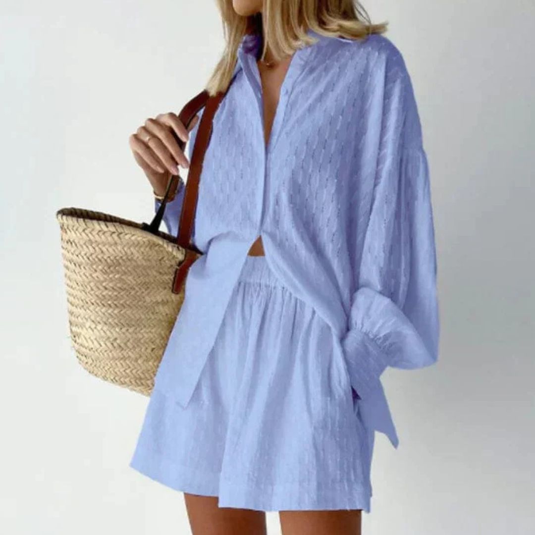 Jace & Rose 2-Piece Set Button-Up Shirt & High-Waisted Shorts Relaxed Fit Breathable Fabric for Women