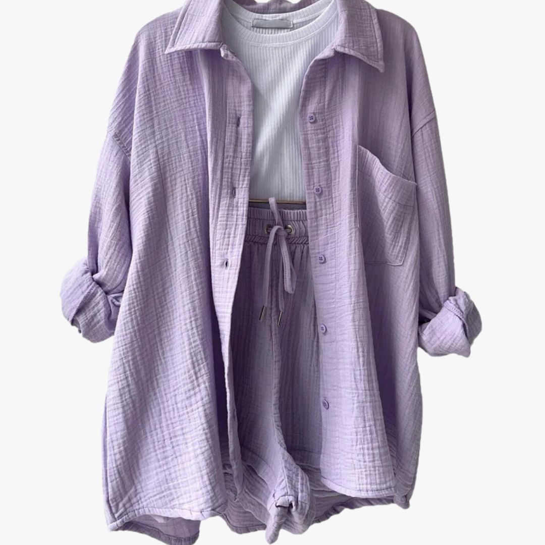 Jace & Rose 2-Piece Set Oversized Button-Up Shirt & Drawstring Shorts for Women