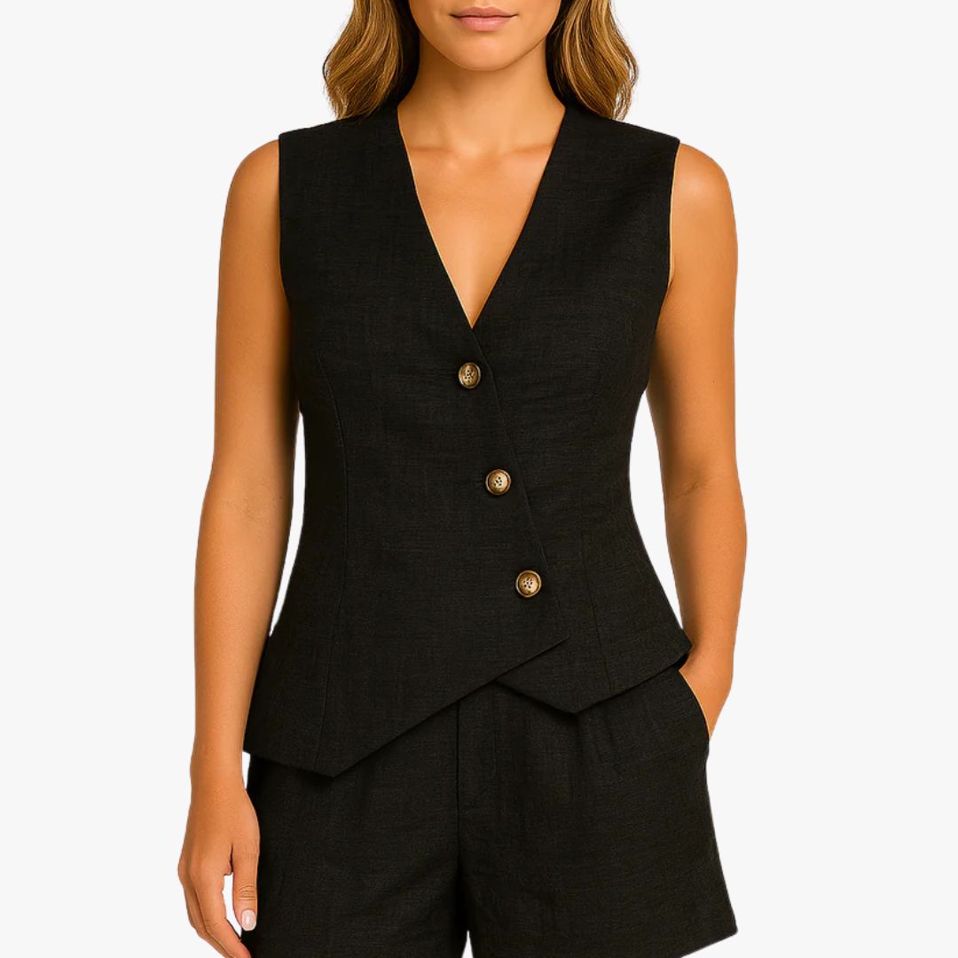 Jace & Rose 2-Piece Set Tailored Vest Linen Blend Sleeveless Button Front Streamlined Fit for Women