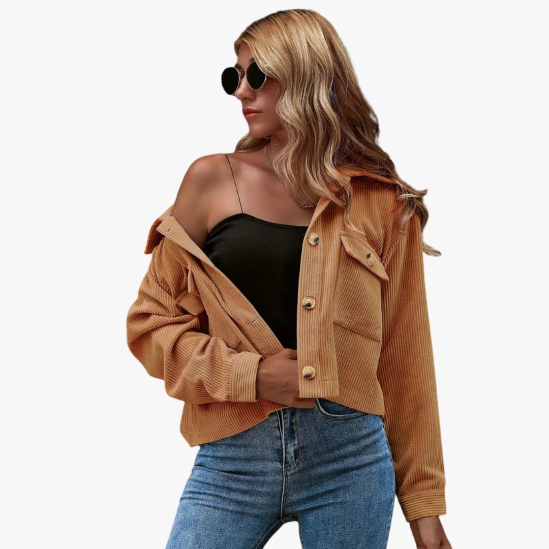 Jace & Rose Cropped Relaxed Fit Button-Up Shirt Collar Long Sleeve Jacket for Women