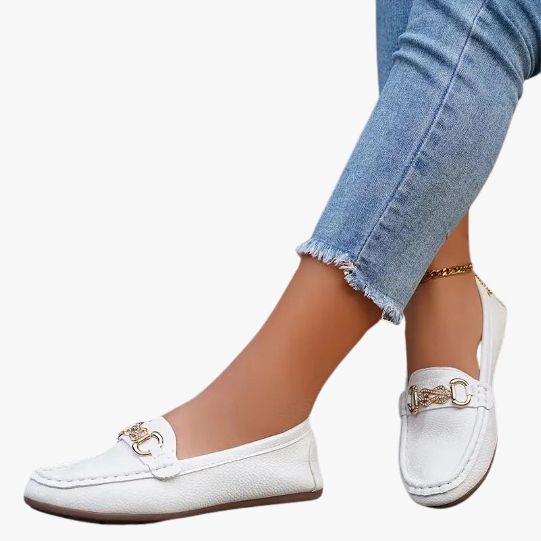 Jace & Rose Leather Upper Metallic Buckle Detail Almond Toe Rubber Sole Loafers for Women