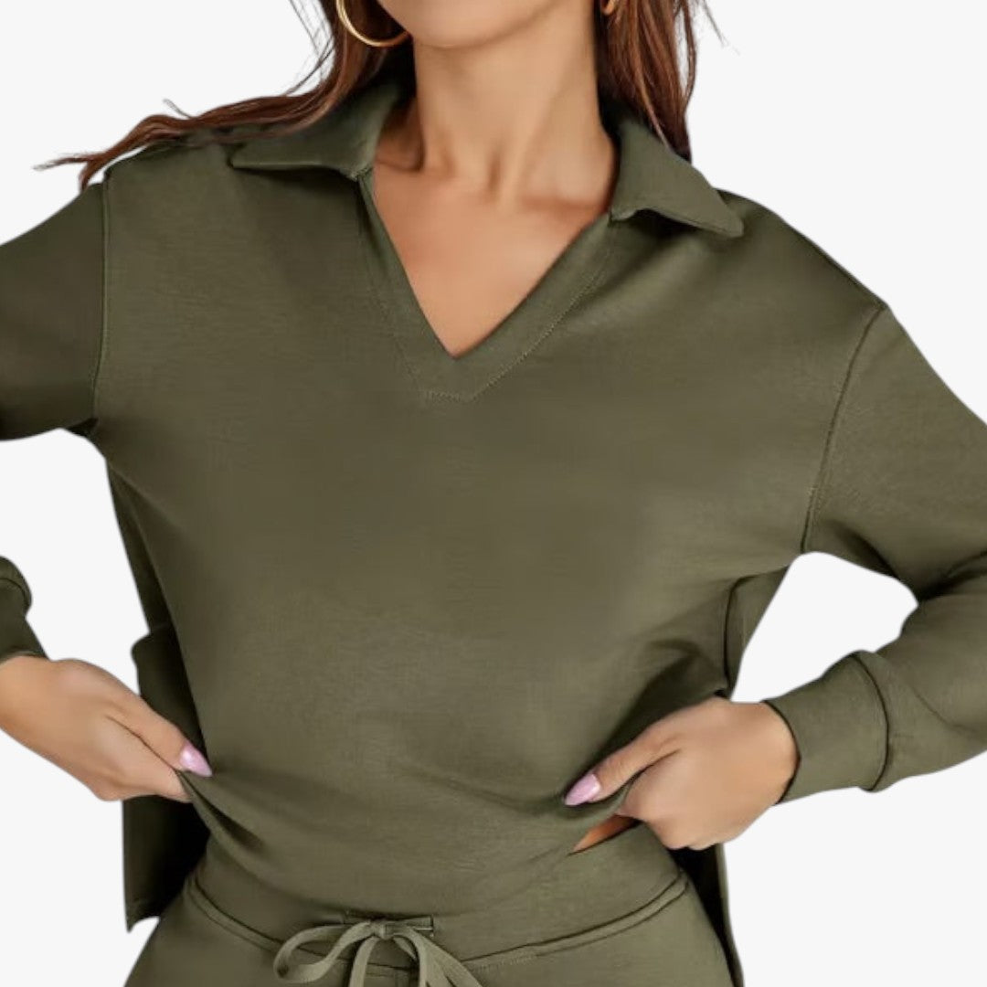 Jace & Rose 2-Piece Set V-Neck Sweatshirt and Elastic Waist Wide-Leg Trousers for Women
