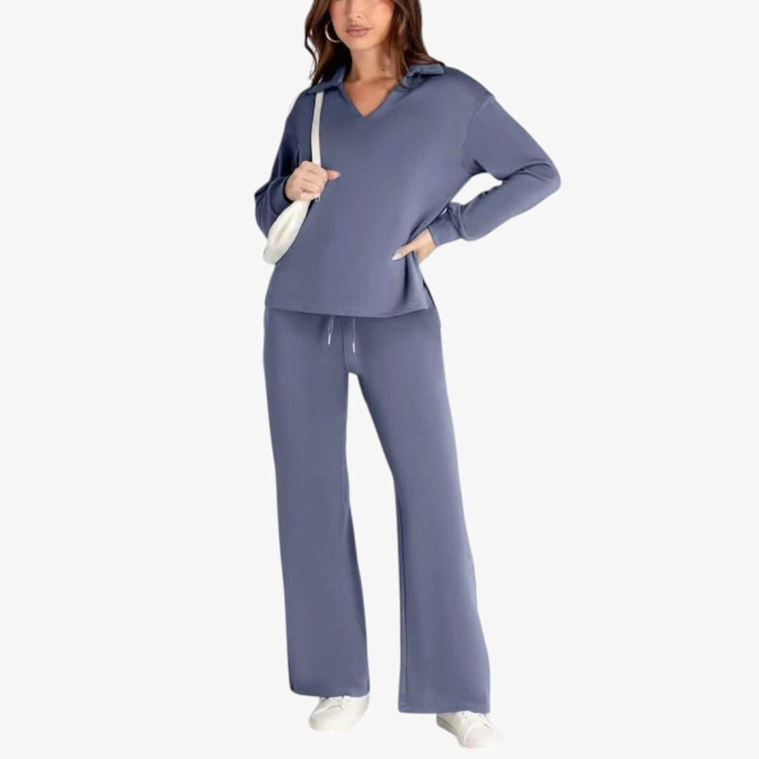 Jace & Rose 2-Piece Set V-Neck Sweatshirt and Elastic Waist Wide-Leg Trousers for Women