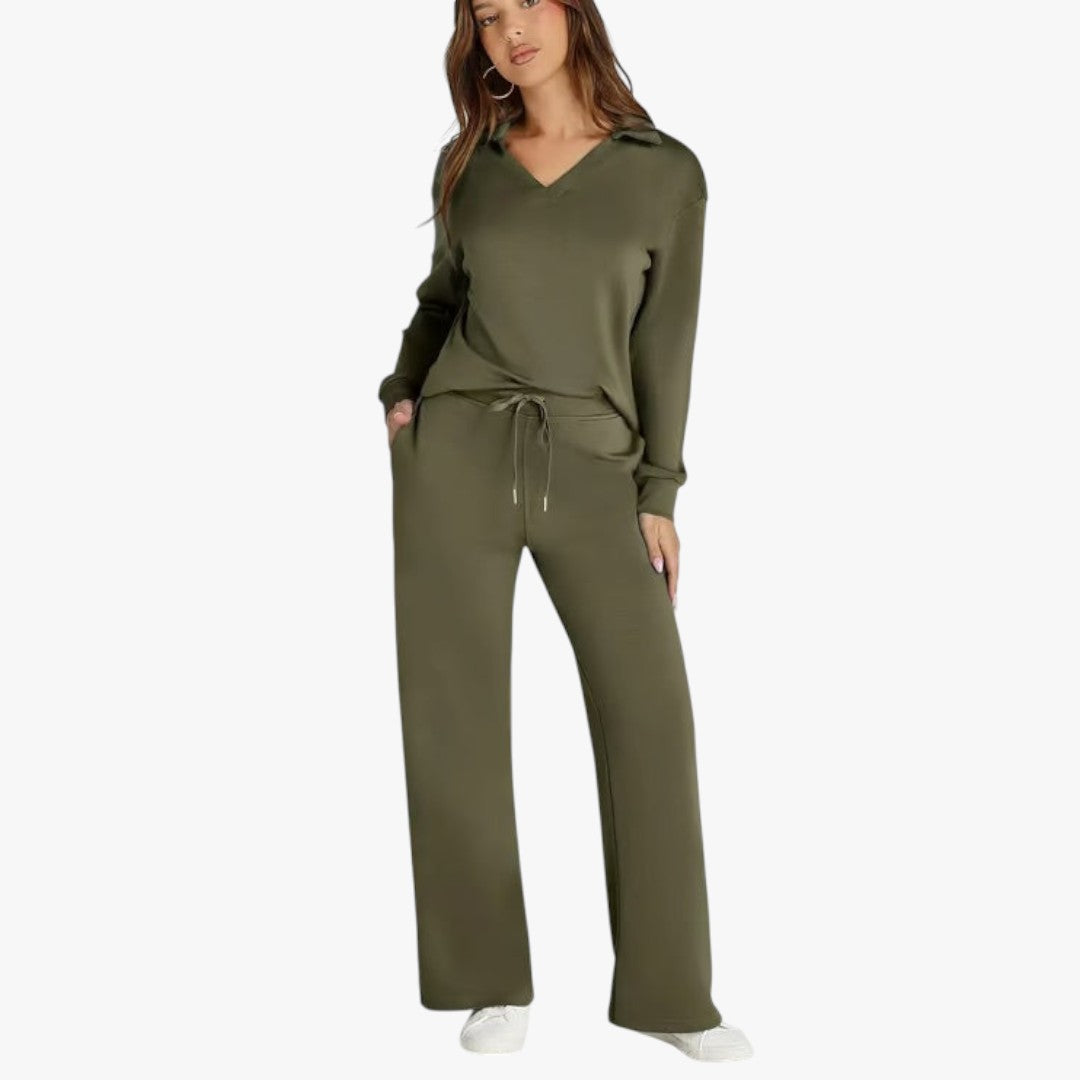 Jace & Rose 2-Piece Set V-Neck Sweatshirt and Elastic Waist Wide-Leg Trousers for Women