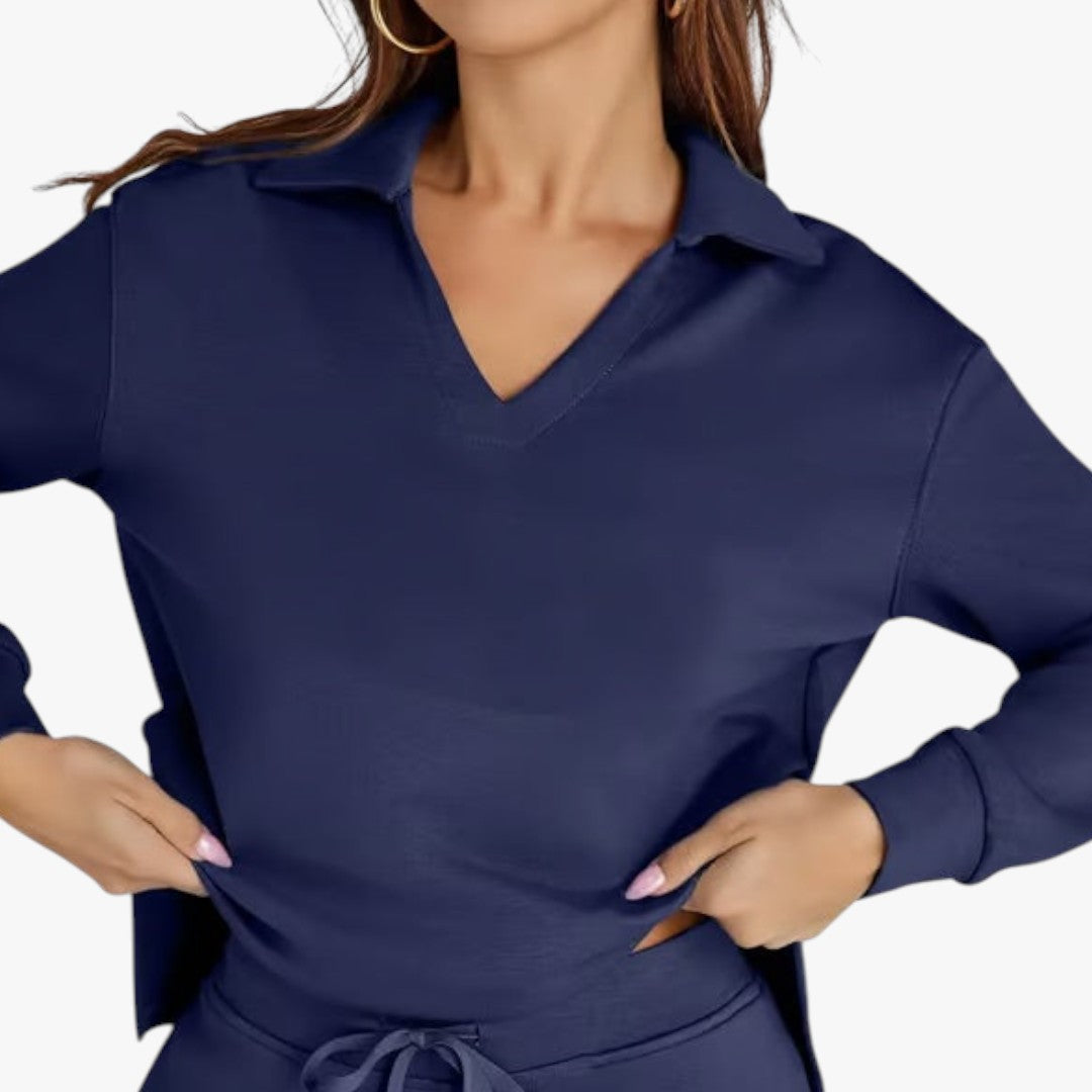 Jace & Rose 2-Piece Set V-Neck Sweatshirt and Elastic Waist Wide-Leg Trousers for Women