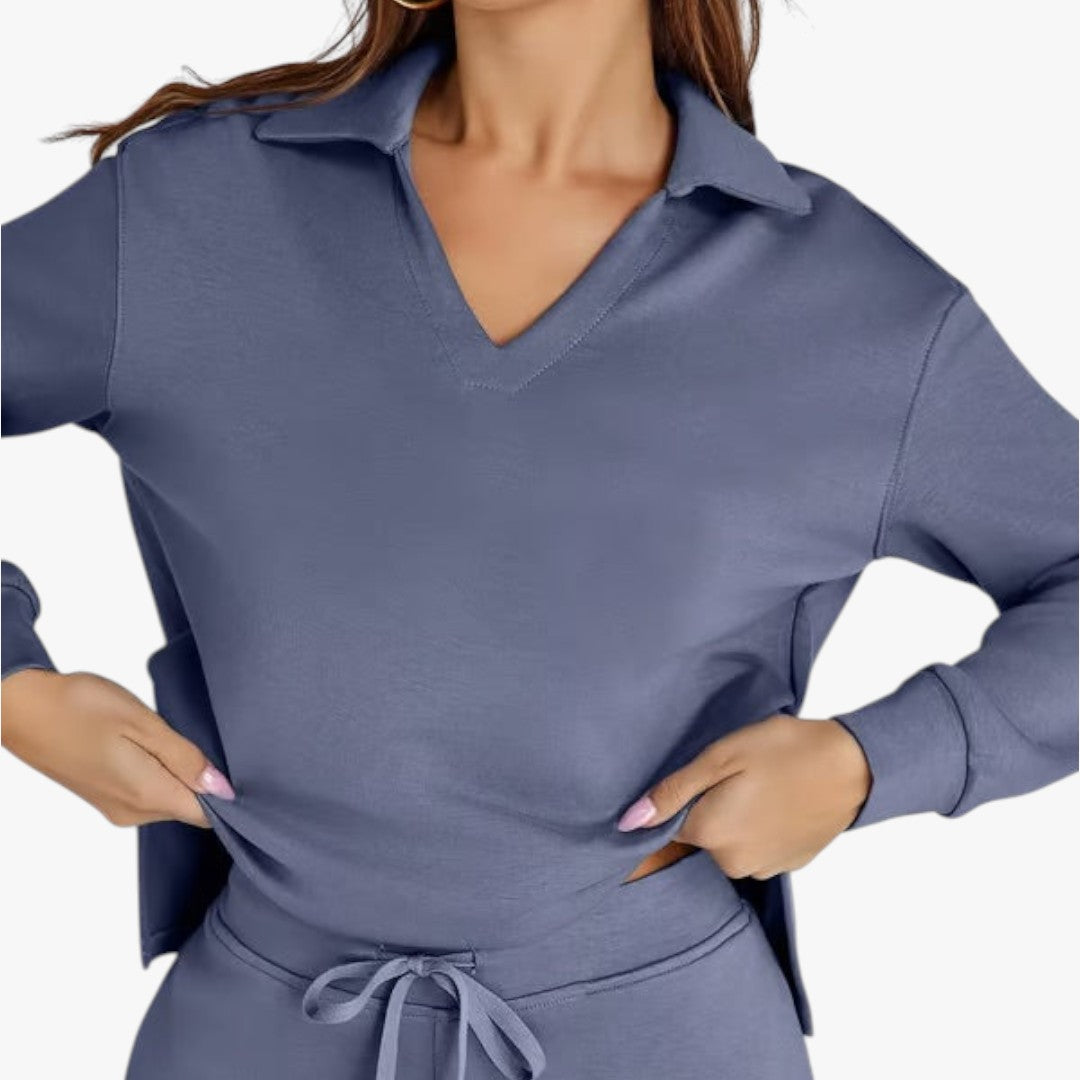 Jace & Rose 2-Piece Set V-Neck Sweatshirt and Elastic Waist Wide-Leg Trousers for Women