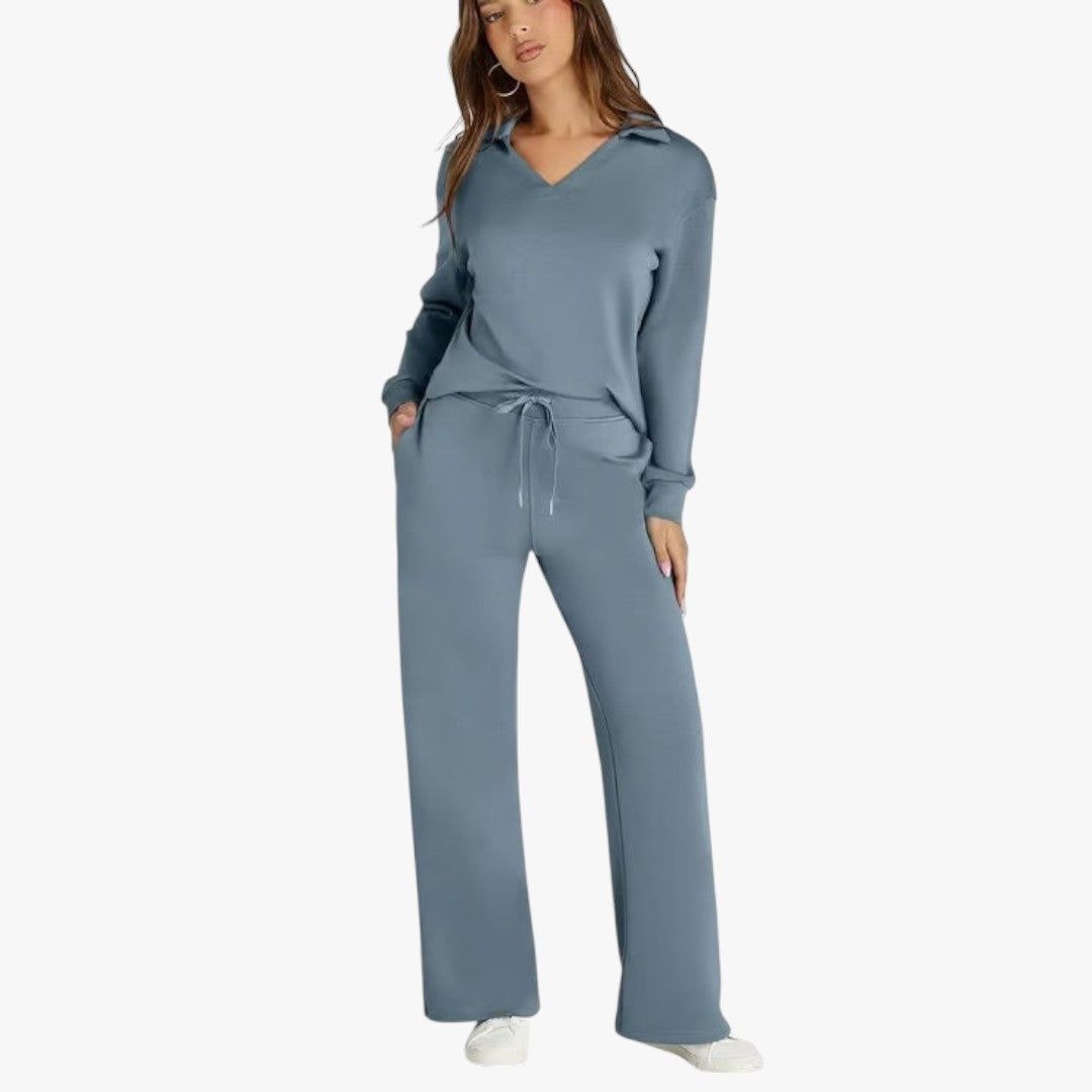 Jace & Rose 2-Piece Set V-Neck Sweatshirt and Elastic Waist Wide-Leg Trousers for Women