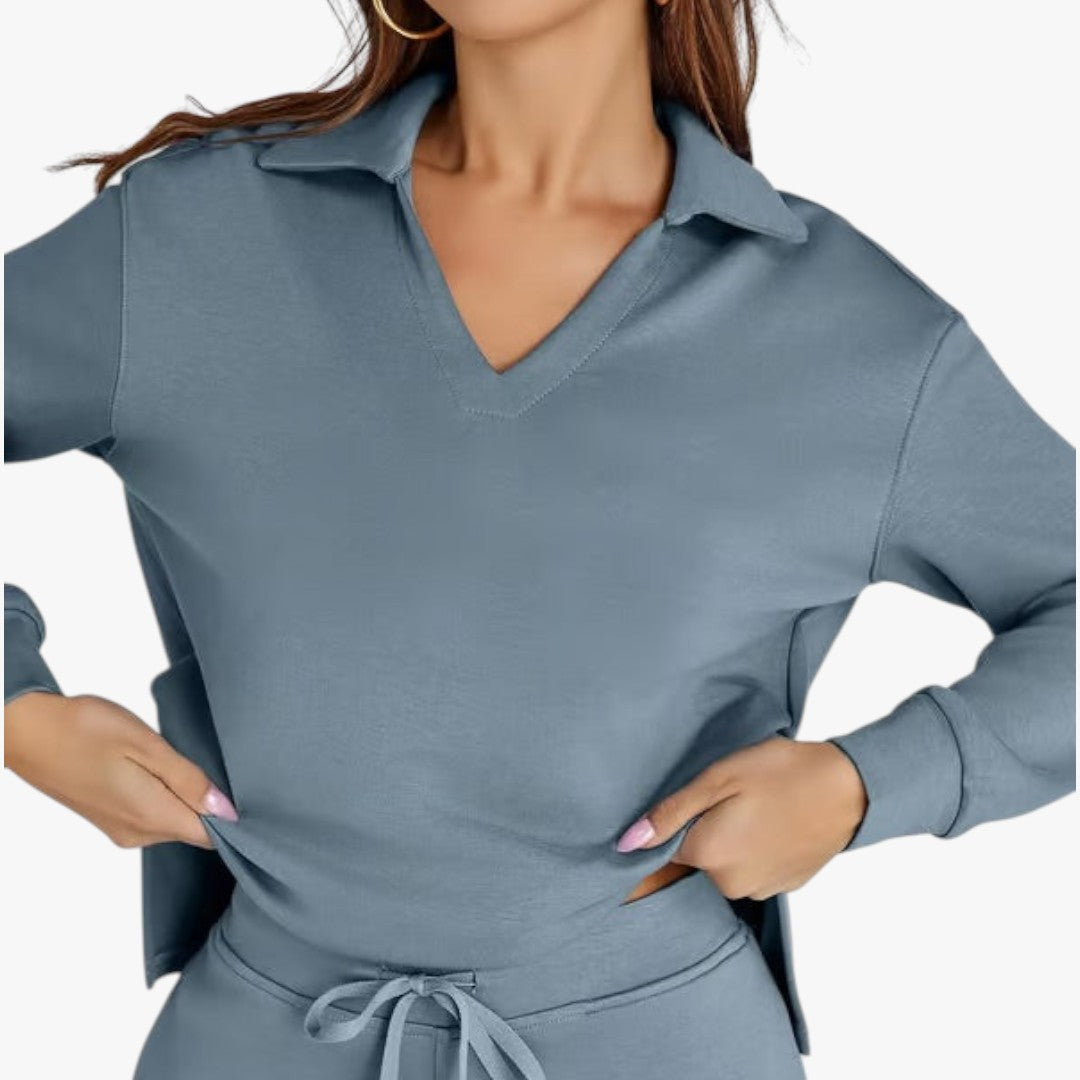 Jace & Rose 2-Piece Set V-Neck Sweatshirt and Elastic Waist Wide-Leg Trousers for Women