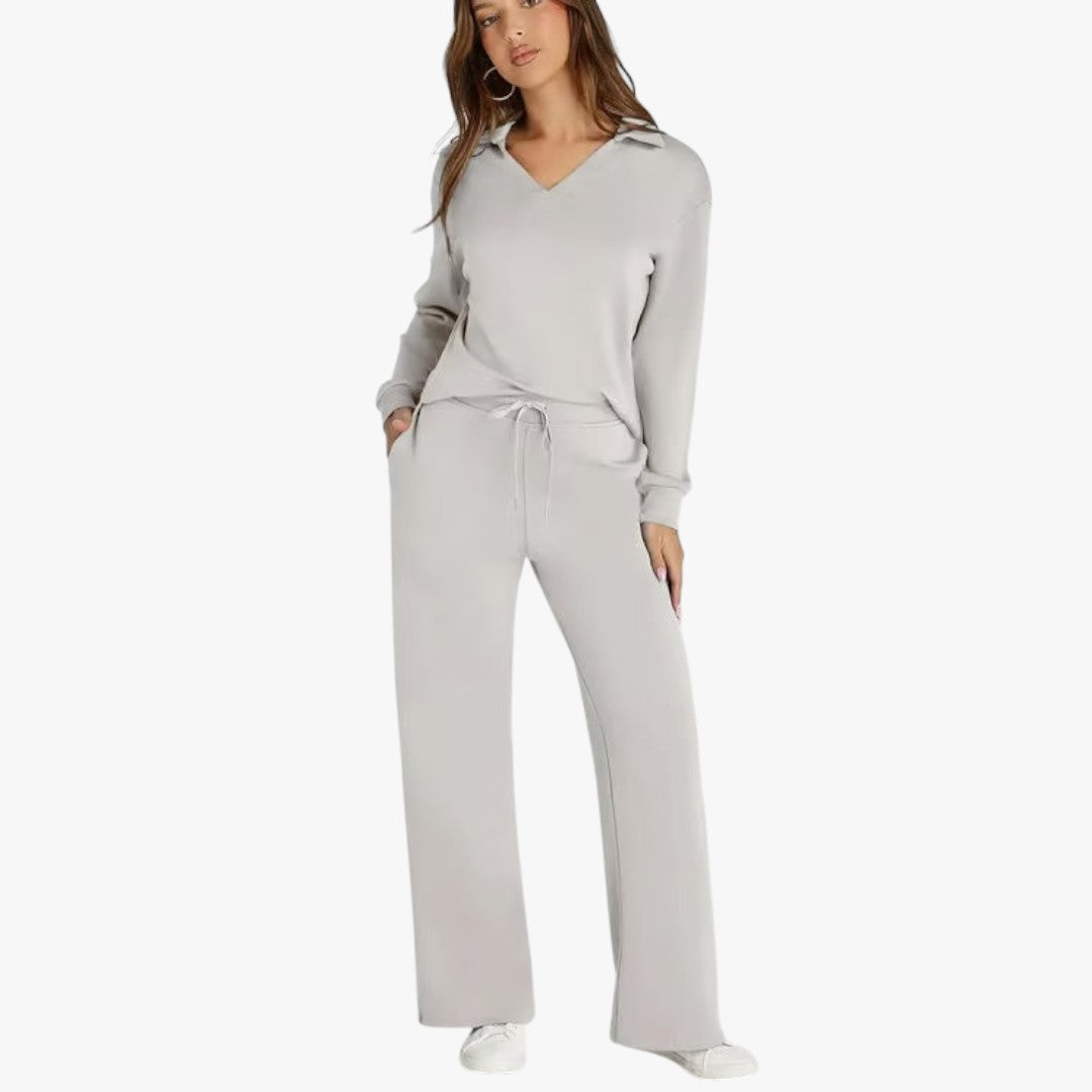 Jace & Rose 2-Piece Set V-Neck Sweatshirt and Elastic Waist Wide-Leg Trousers for Women