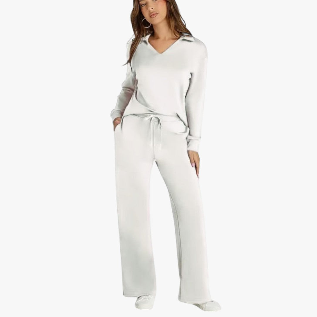 Jace & Rose 2-Piece Set V-Neck Sweatshirt and Elastic Waist Wide-Leg Trousers for Women