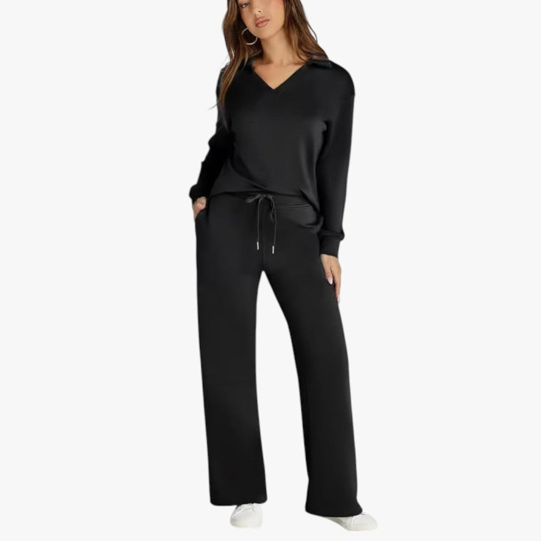Jace & Rose 2-Piece Set V-Neck Sweatshirt and Elastic Waist Wide-Leg Trousers for Women