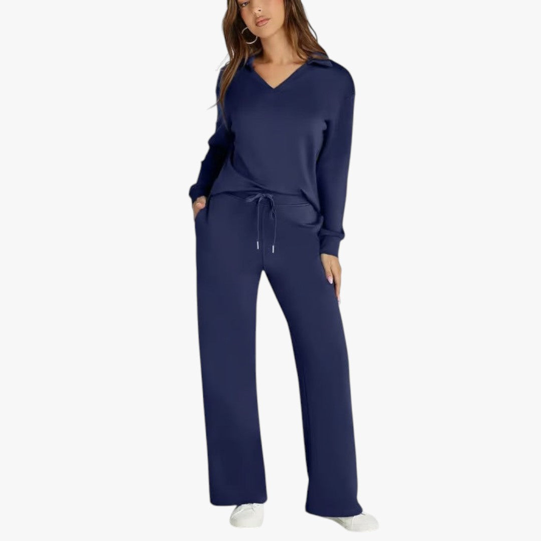Jace & Rose 2-Piece Set V-Neck Sweatshirt and Elastic Waist Wide-Leg Trousers for Women