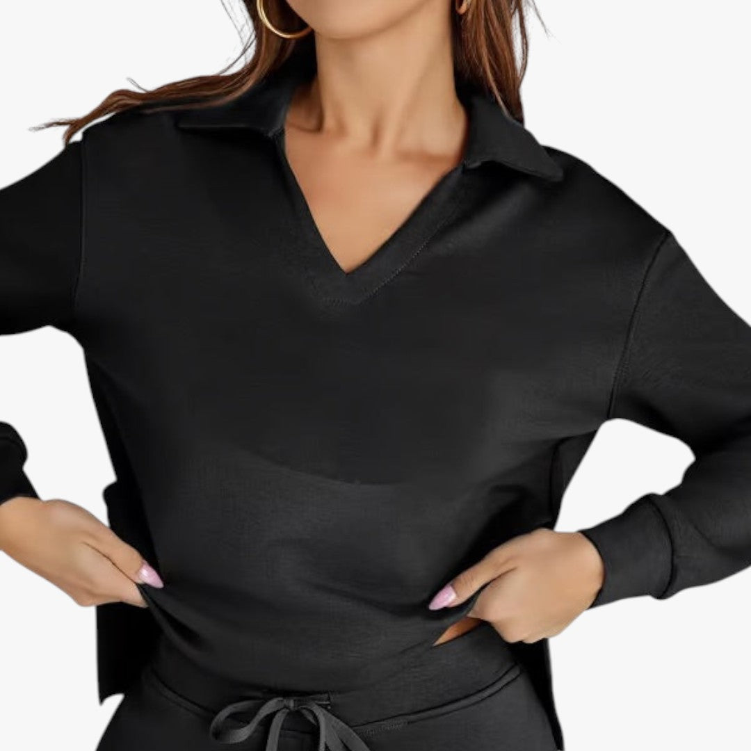 Jace & Rose 2-Piece Set V-Neck Sweatshirt and Elastic Waist Wide-Leg Trousers for Women