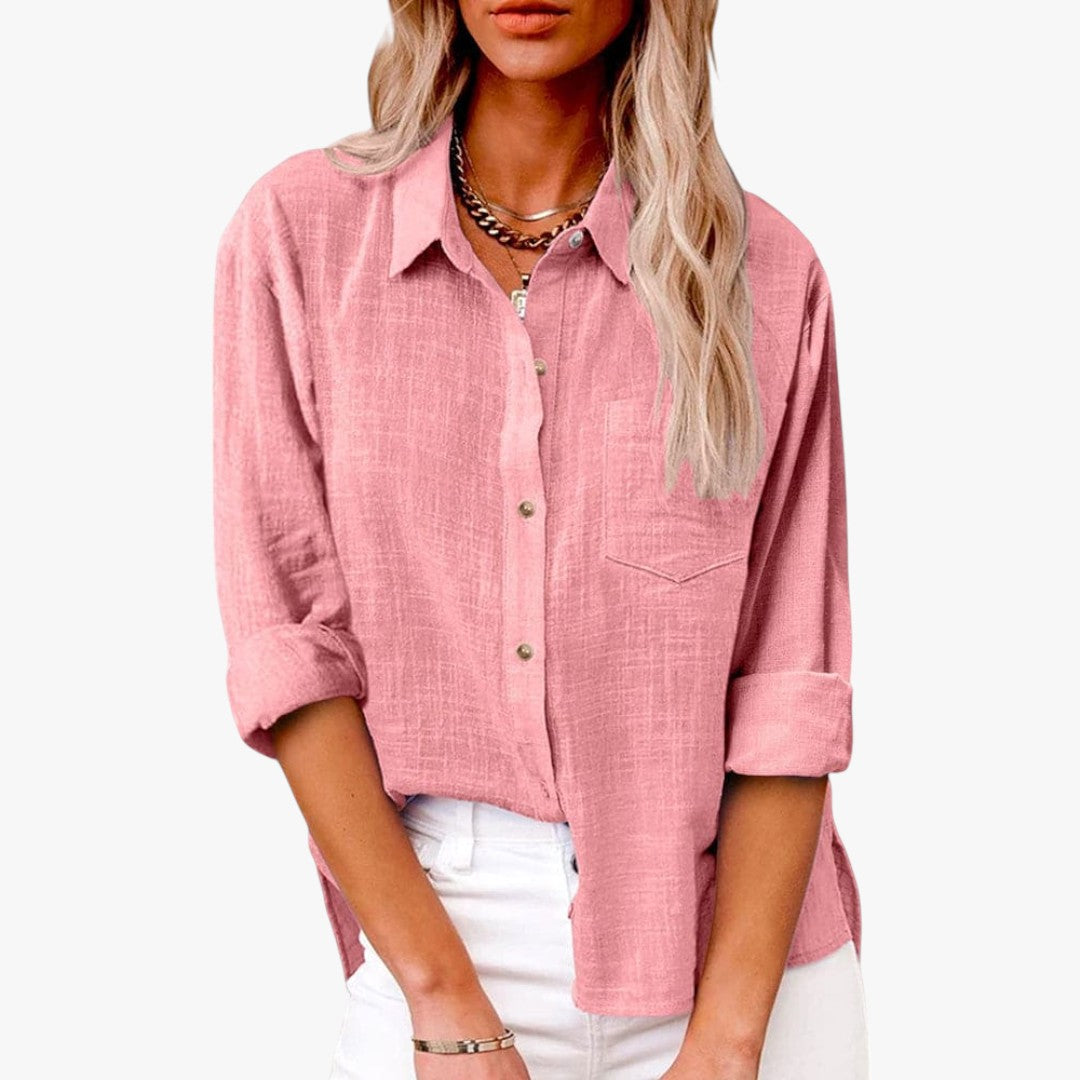 Jace & Rose Chic Button Down Long Sleeve Linen Blouse Shirt for Women