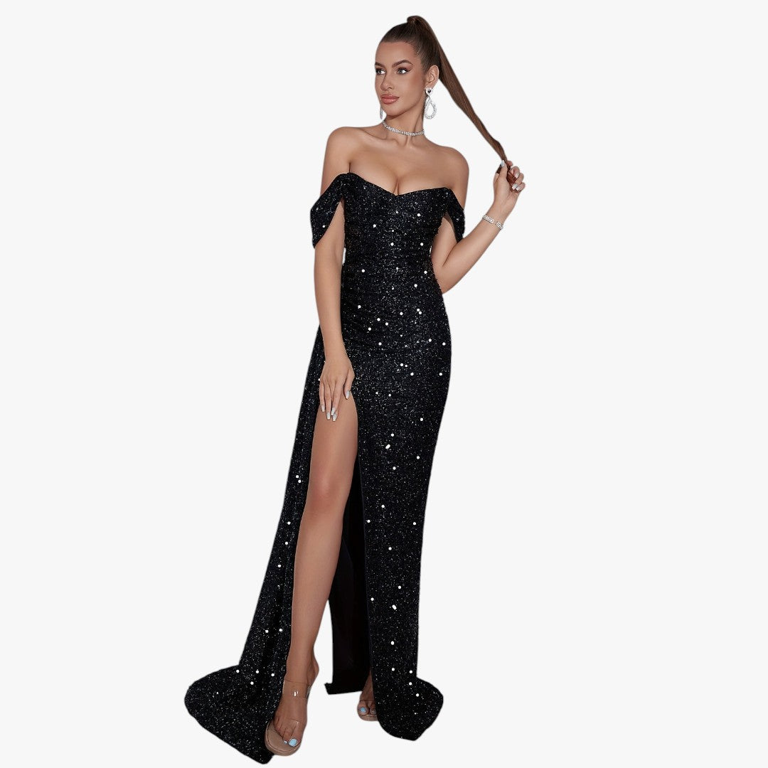 Jace & Rose Cotton Sparkling Sequin Off Shoulder Ruched Split Thigh Draped Side Slim Formal Maxi Dress for Women