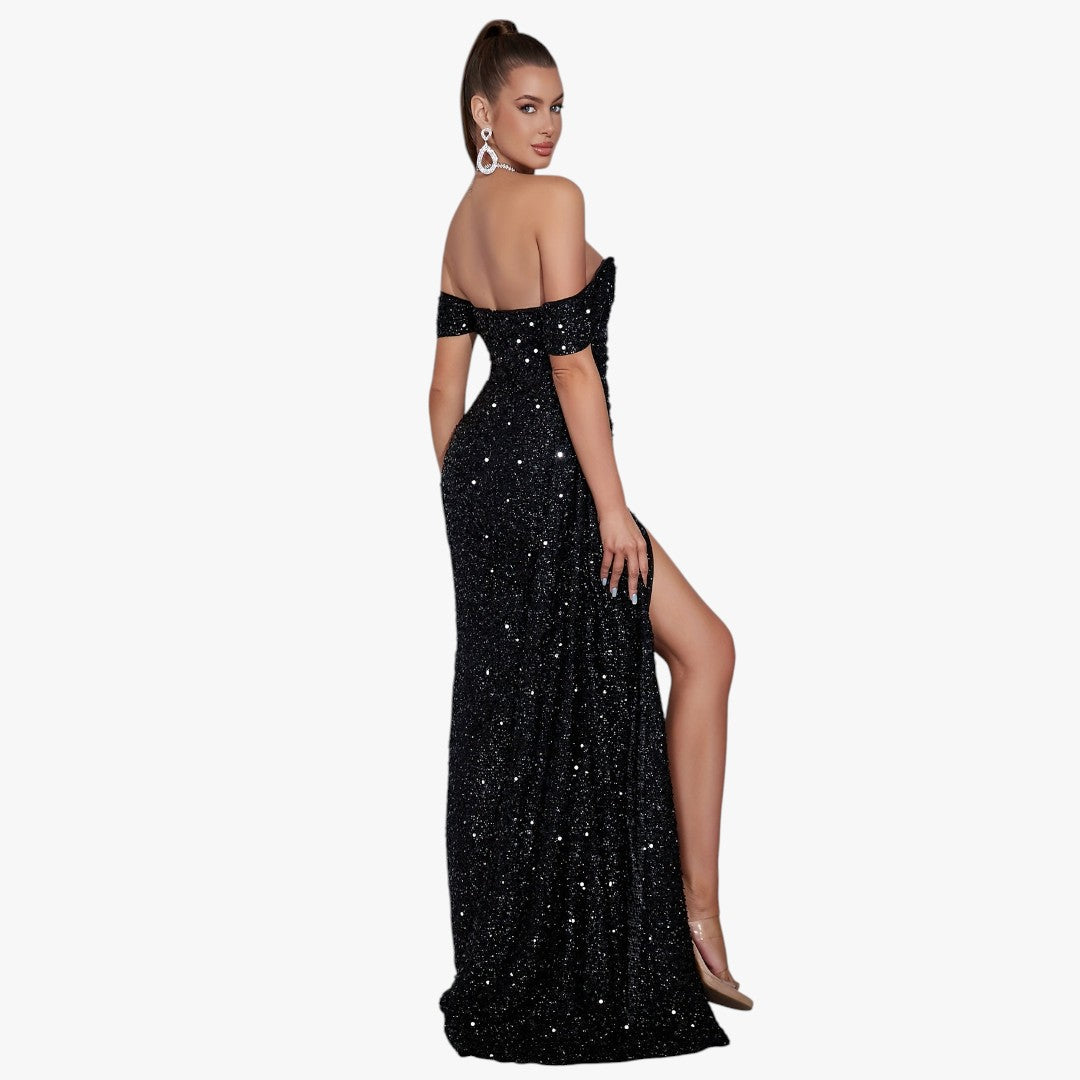Jace & Rose Cotton Sparkling Sequin Off Shoulder Ruched Split Thigh Draped Side Slim Formal Maxi Dress for Women