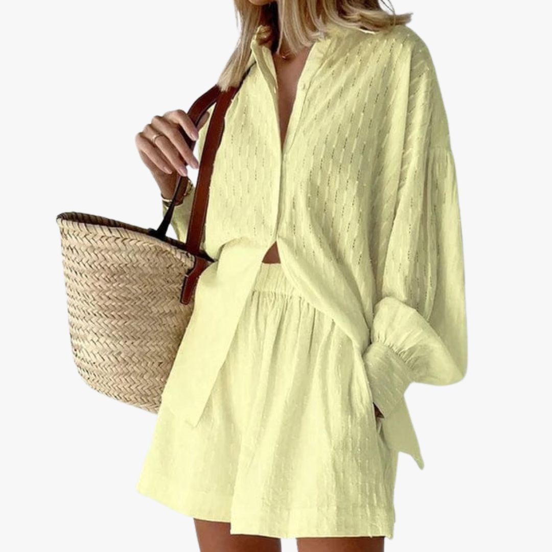 Jace & Rose 2-Piece Set Button-Up Shirt & High-Waisted Shorts Relaxed Fit Breathable Fabric for Women