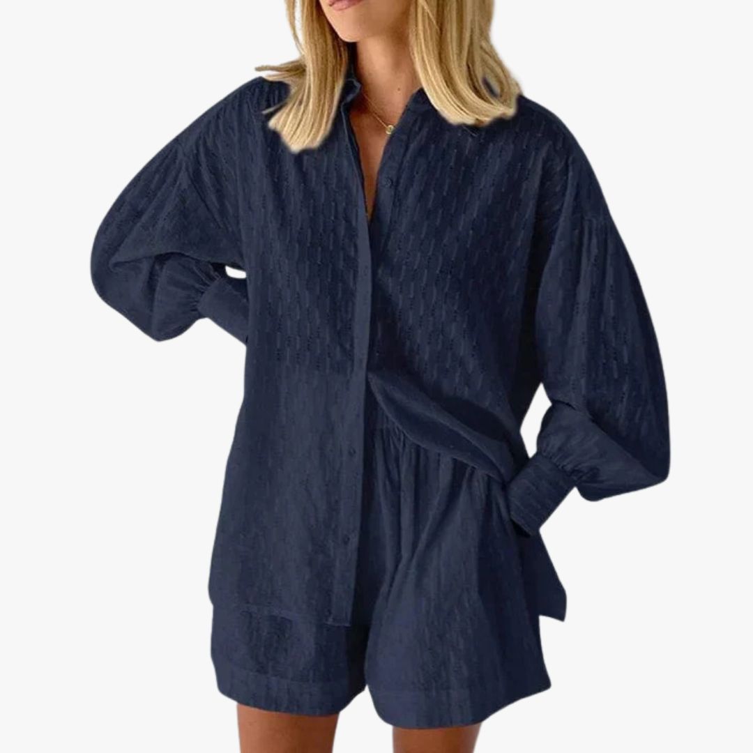 Jace & Rose 2-Piece Set Button-Up Shirt & High-Waisted Shorts Relaxed Fit Breathable Fabric for Women