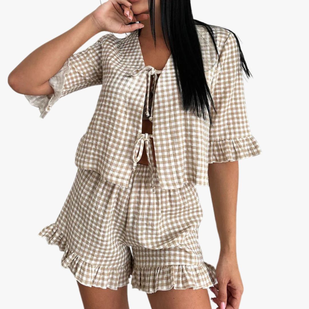 Jace & Rose 2-Piece Set Cotton Blend Loose Fit Check Print Tie Front & Ruffle Trim for Women