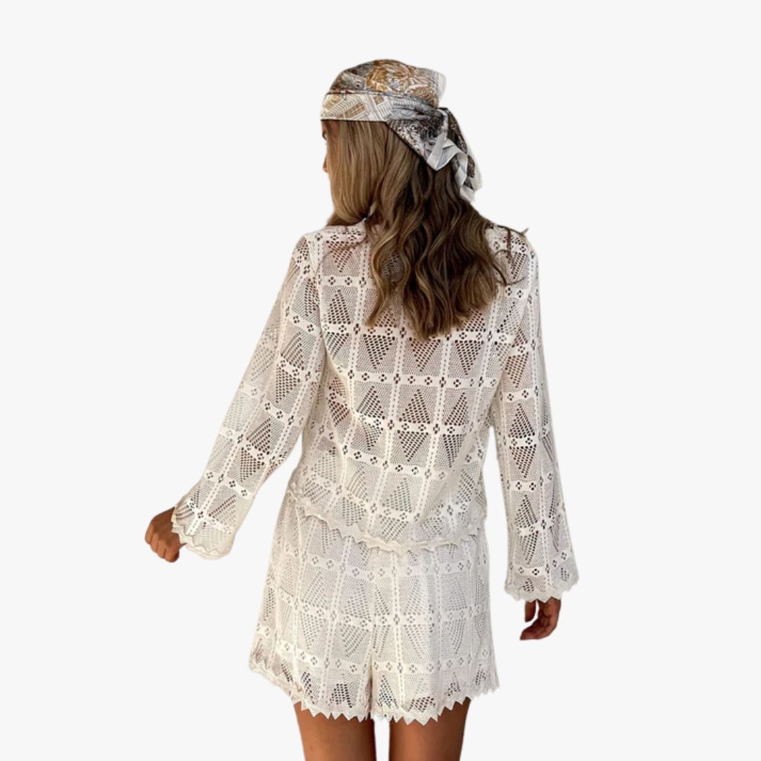Jace & Rose 2-Piece Set Knit Cardigan and Shorts Set Relaxed Fit Open Weave Tie Front Elastic Waist for Women