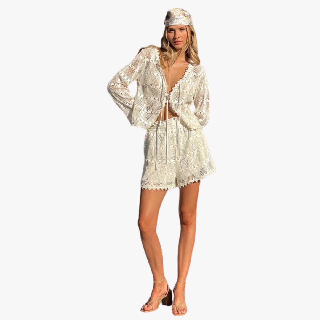 Jace & Rose 2-Piece Set Knit Cardigan and Shorts Set Relaxed Fit Open Weave Tie Front Elastic Waist for Women