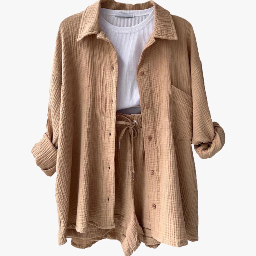 Jace & Rose 2-Piece Set Oversized Button-Up Shirt & Drawstring Shorts for Women