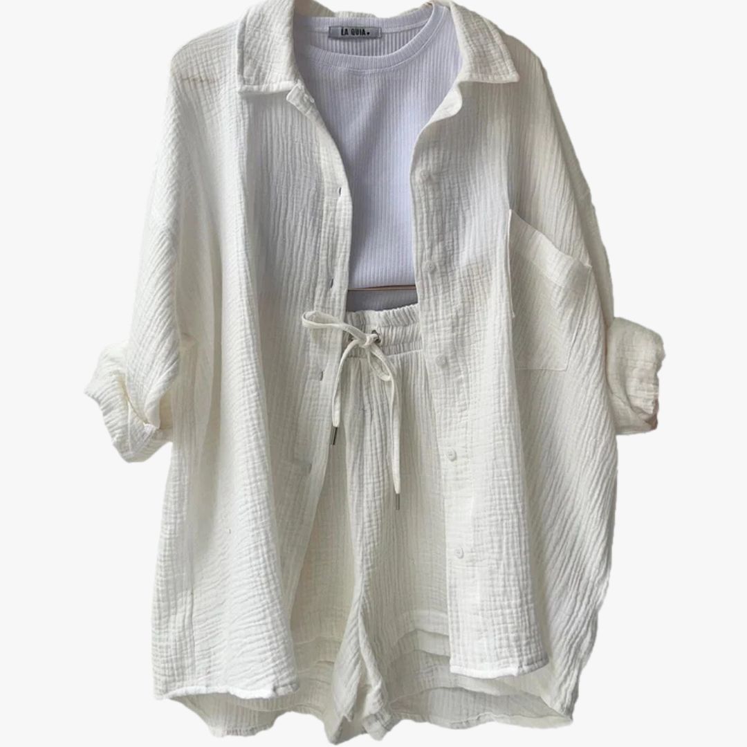 Jace & Rose 2-Piece Set Oversized Button-Up Shirt & Drawstring Shorts for Women