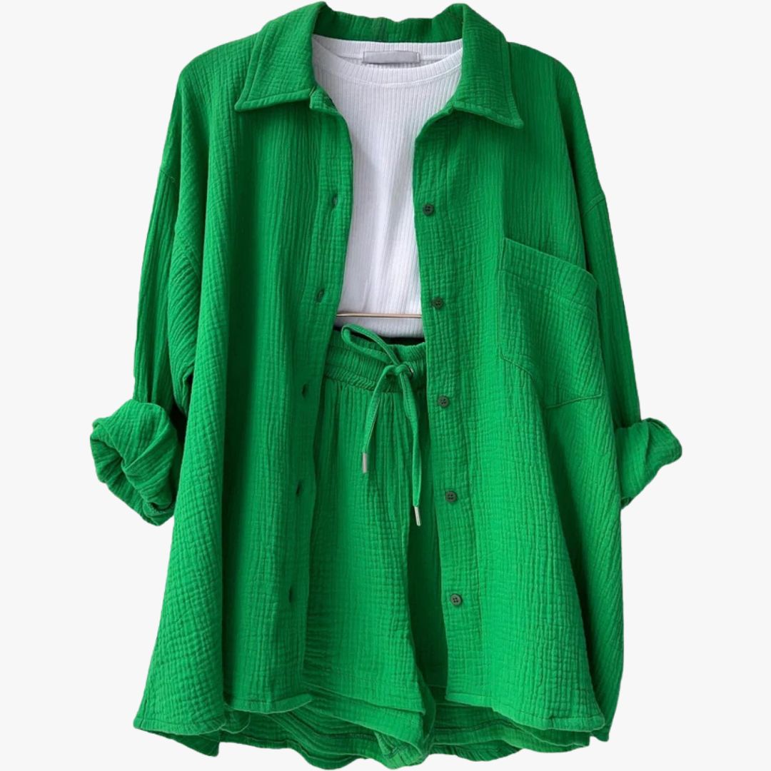 Jace & Rose 2-Piece Set Oversized Button-Up Shirt & Drawstring Shorts for Women