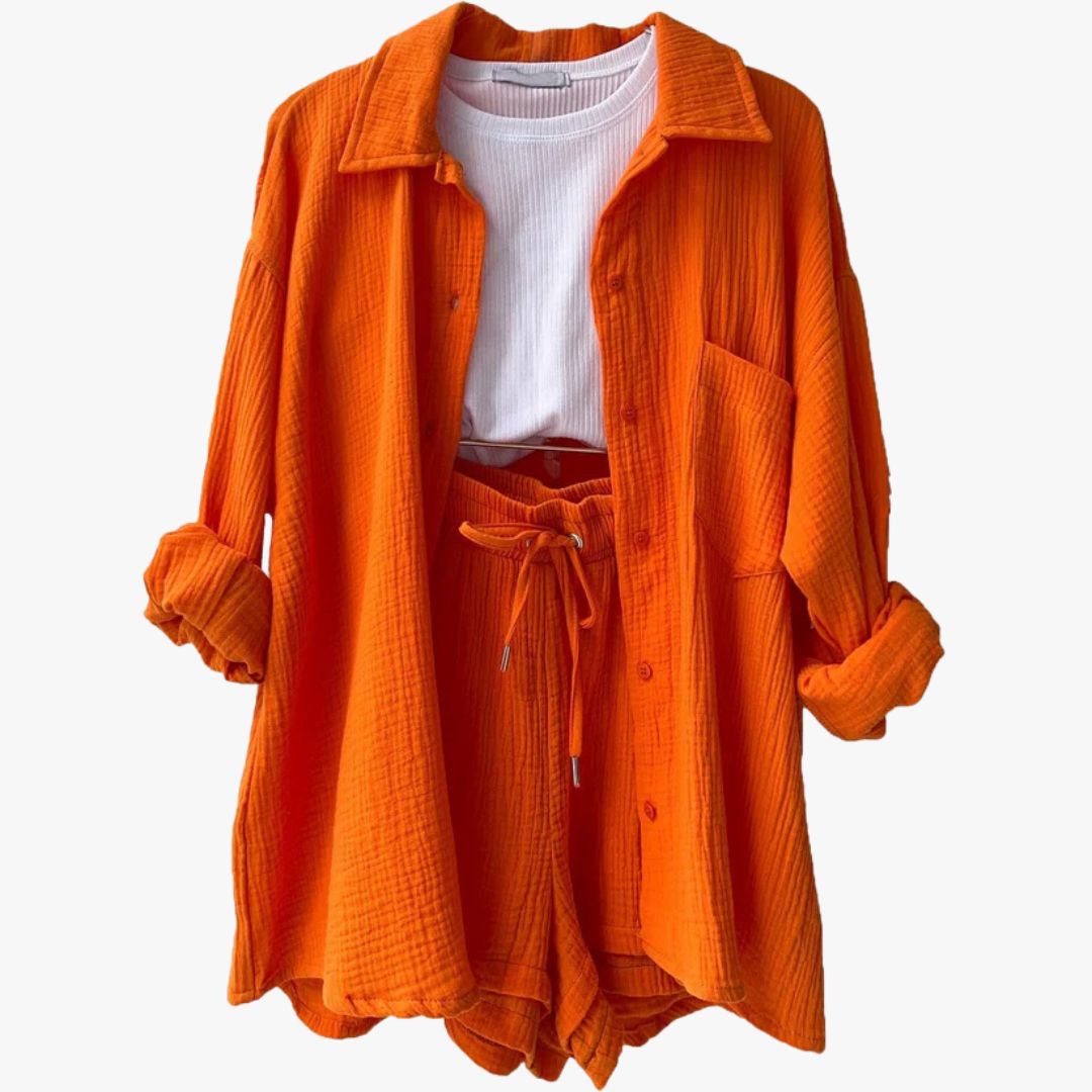Jace & Rose 2-Piece Set Oversized Button-Up Shirt & Drawstring Shorts for Women