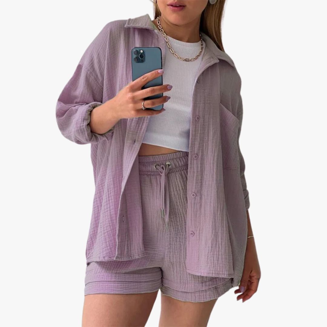 Jace & Rose 2-Piece Set Oversized Button-Up Shirt & Drawstring Shorts for Women