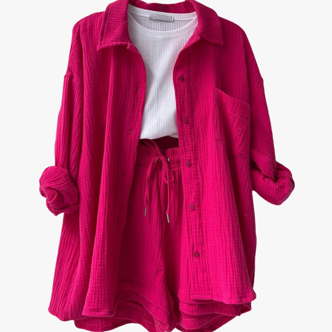 Jace & Rose 2-Piece Set Oversized Button-Up Shirt & Drawstring Shorts for Women