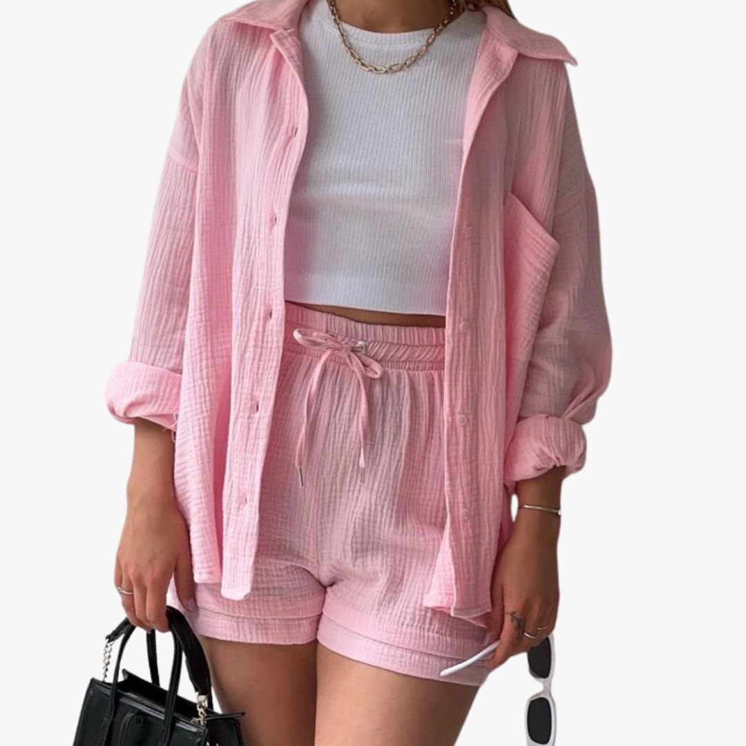 Jace & Rose 2-Piece Set Oversized Button-Up Shirt & Drawstring Shorts for Women