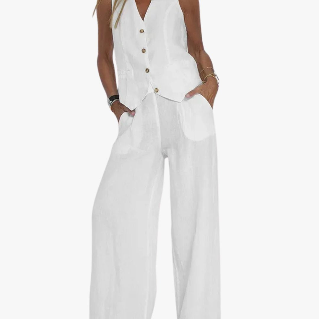 Jace & Rose 2-Piece Set Tailored Vest Lightweight Linen Fitted Buttoned Front Versatile Formal & Casual for Women