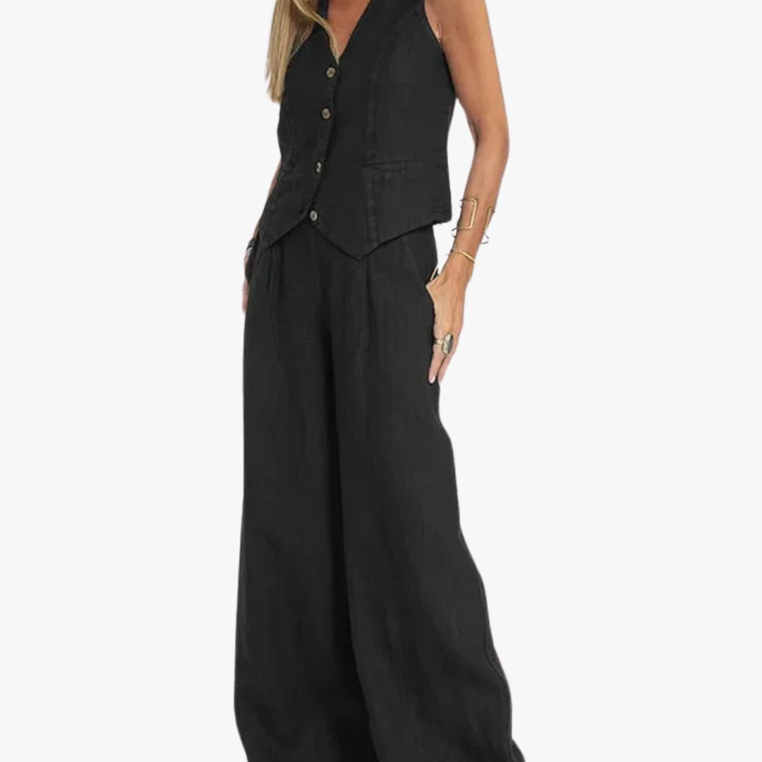 Jace & Rose 2-Piece Set Tailored Vest Lightweight Linen Fitted Buttoned Front Versatile Formal & Casual for Women