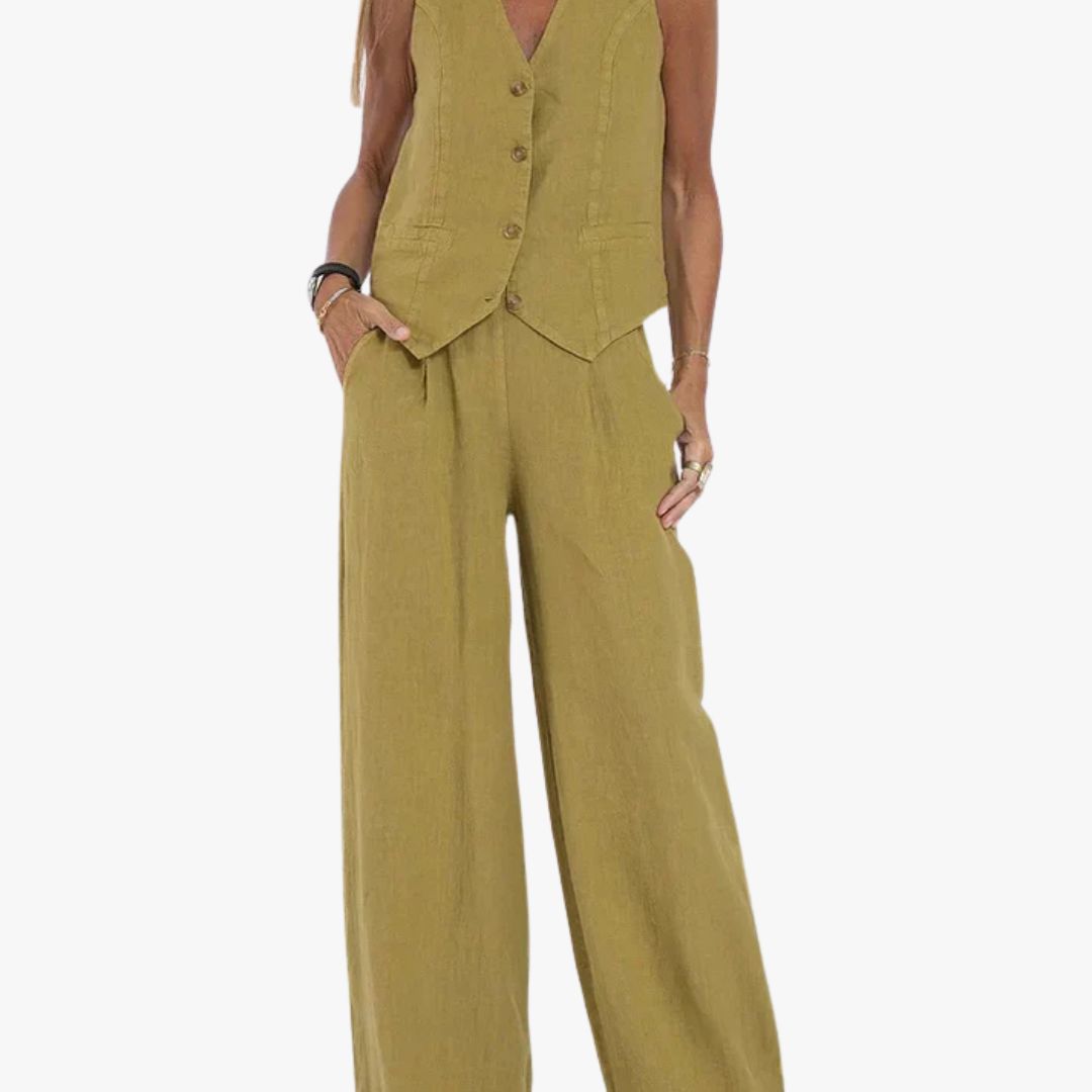 Jace & Rose 2-Piece Set Tailored Vest Lightweight Linen Fitted Buttoned Front Versatile Formal & Casual for Women