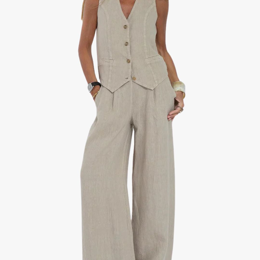 Jace & Rose 2-Piece Set Tailored Vest Lightweight Linen Fitted Buttoned Front Versatile Formal & Casual for Women