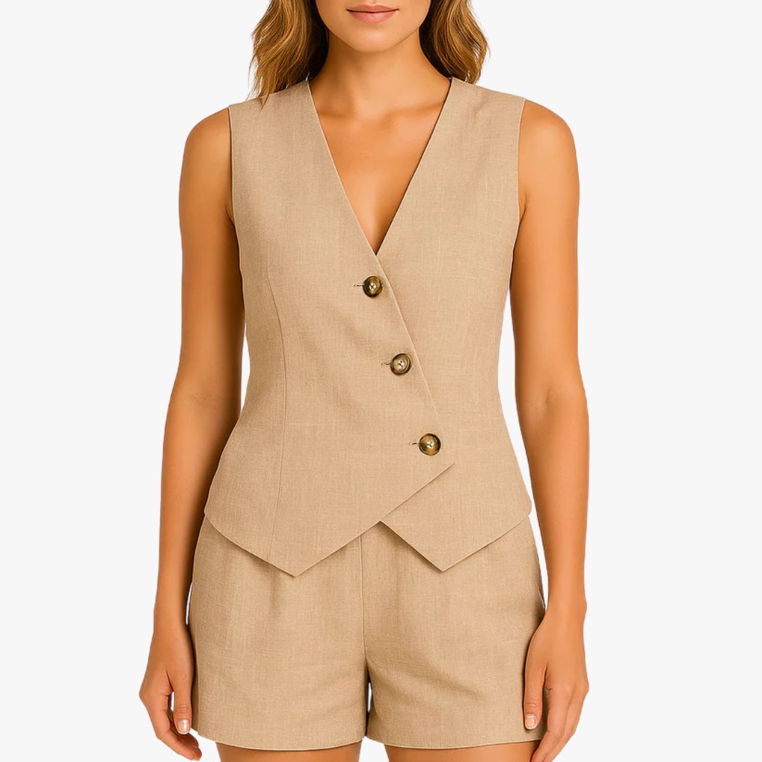Jace & Rose 2-Piece Set Tailored Vest Linen Blend Sleeveless Button Front Streamlined Fit for Women