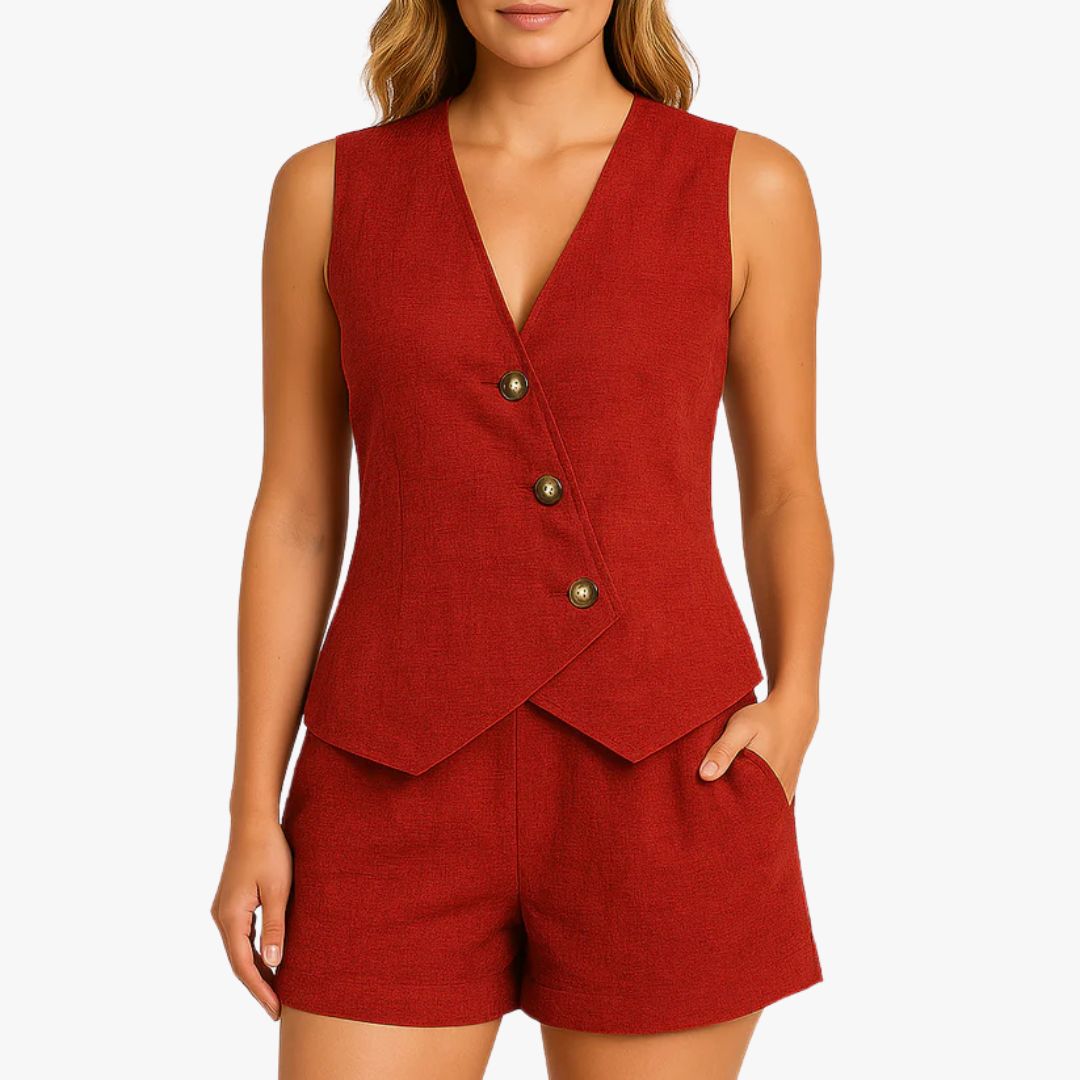 Jace & Rose 2-Piece Set Tailored Vest Linen Blend Sleeveless Button Front Streamlined Fit for Women