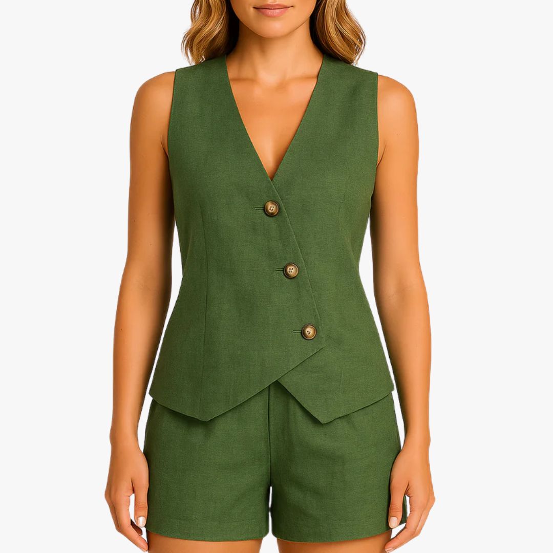 Jace & Rose 2-Piece Set Tailored Vest Linen Blend Sleeveless Button Front Streamlined Fit for Women