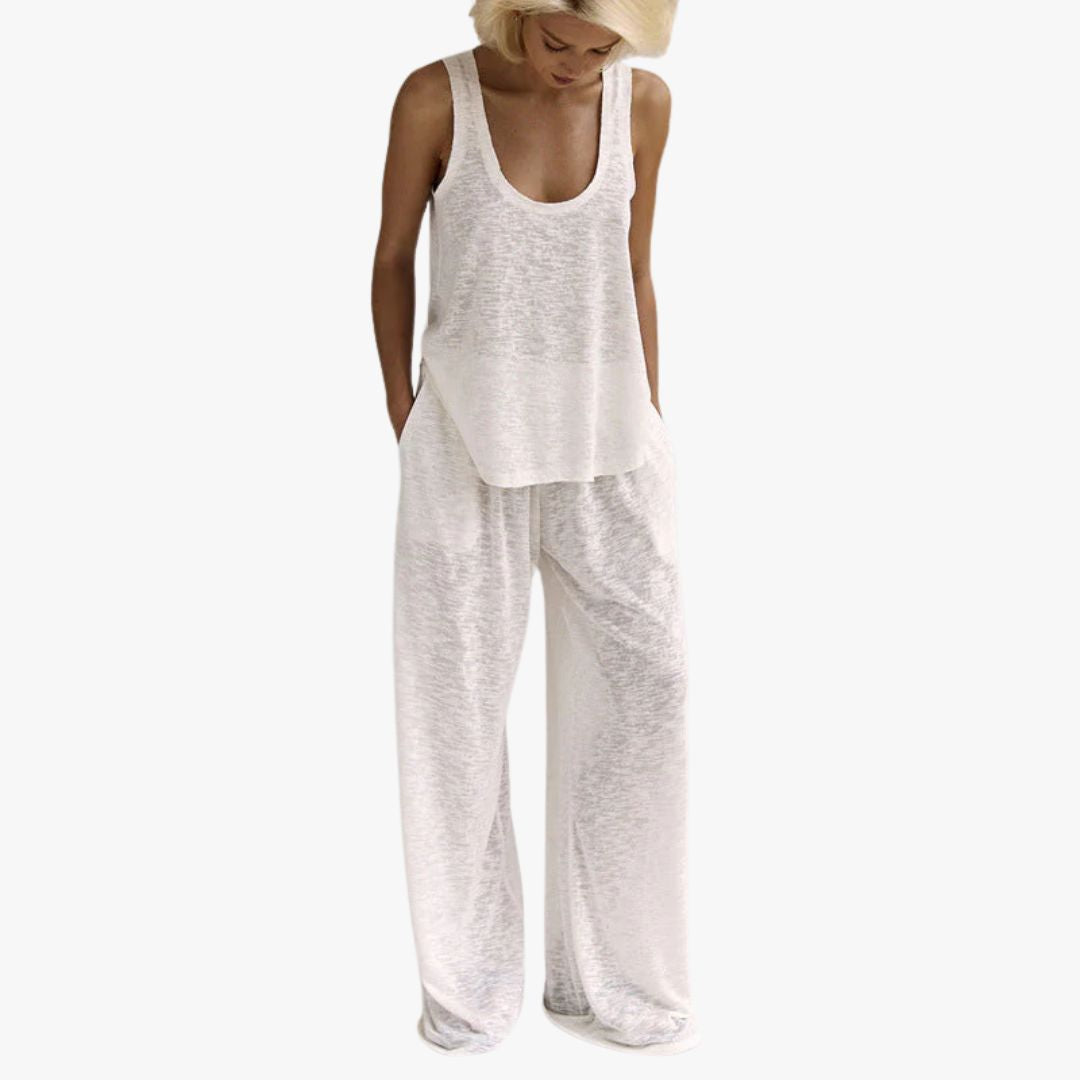 Jace & Rose Beach Loungewear Set Soft Jersey Twist-Front Crop Top Wide-Leg Trousers for Women