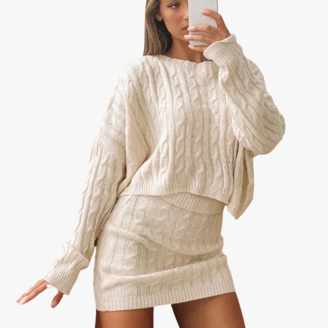 Jace & Rose Cable Knit Two-Piece Set Crew Neck Sweater & Ribbed Waist Skirt Cozy Fit for Women