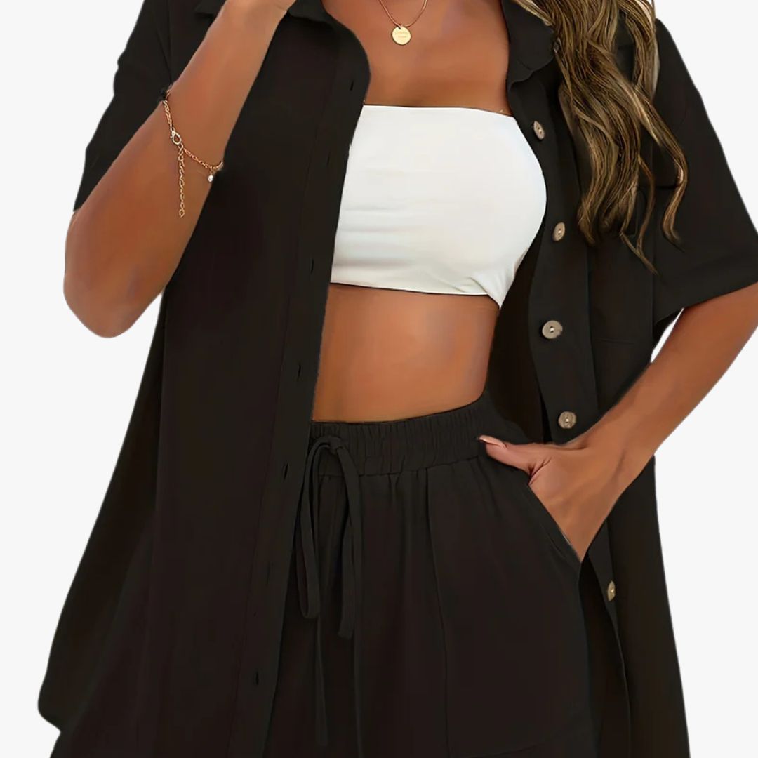 Jace & Rose Casual 2-Piece Set Breathable Short Sleeve Blouse & Drawstring Shorts Outfit for Women