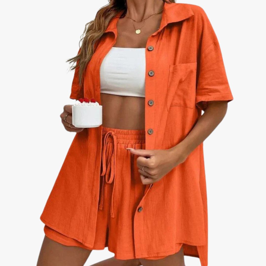 Jace & Rose Casual 2-Piece Set Breathable Short Sleeve Blouse & Drawstring Shorts Outfit for Women