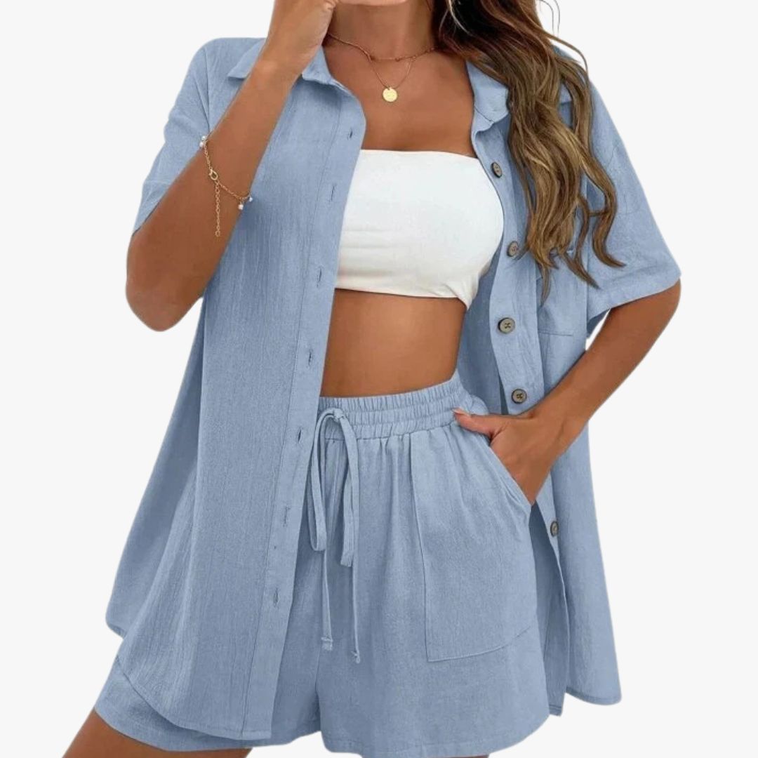 Jace & Rose Casual 2-Piece Set Breathable Short Sleeve Blouse & Drawstring Shorts Outfit for Women