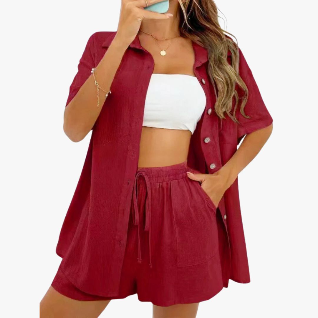 Jace & Rose Casual 2-Piece Set Breathable Short Sleeve Blouse & Drawstring Shorts Outfit for Women