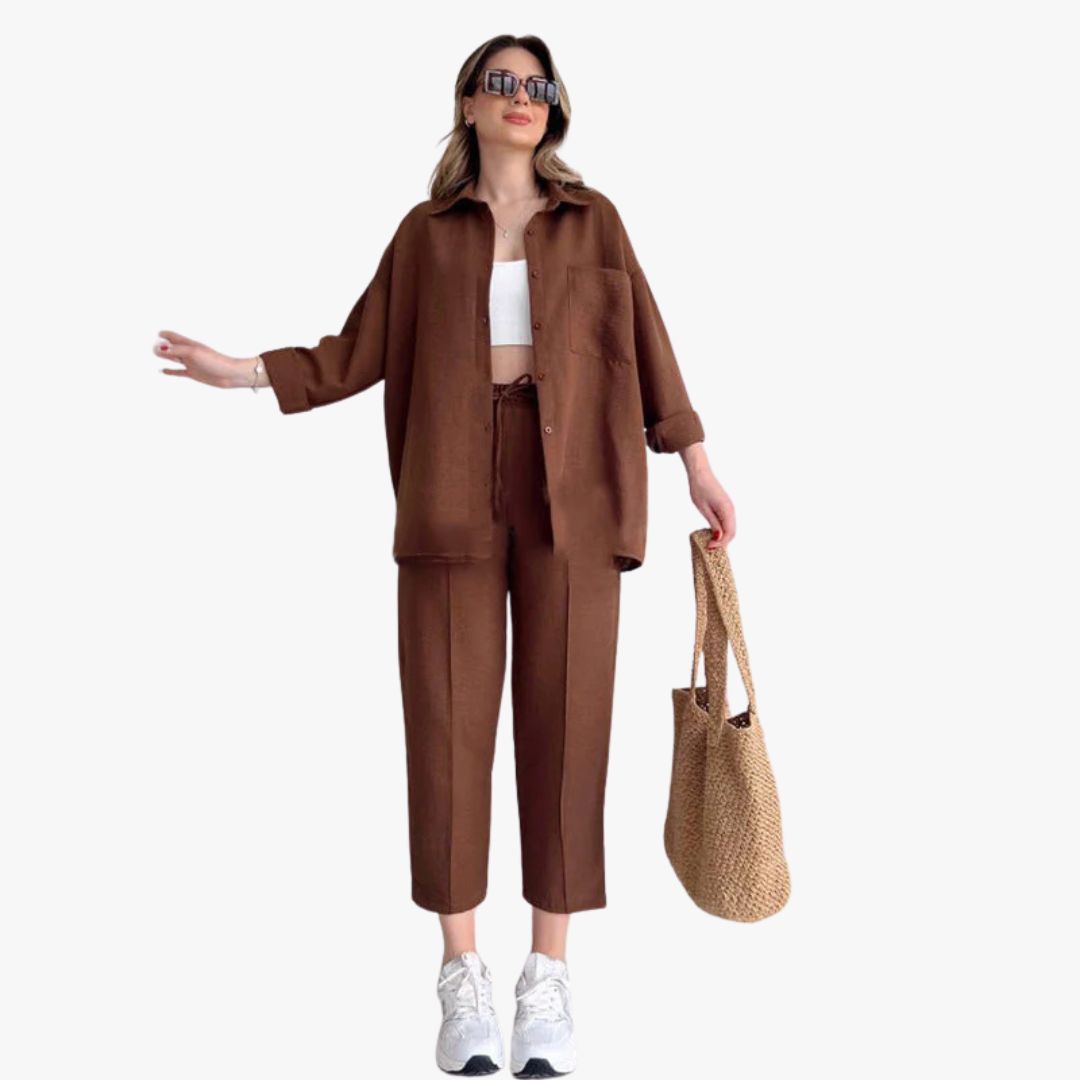 Jace & Rose Co-Ord 2-Piece Set Oversized Button-Up Shirt & Wide-Leg Trousers Relaxed Fit for Women