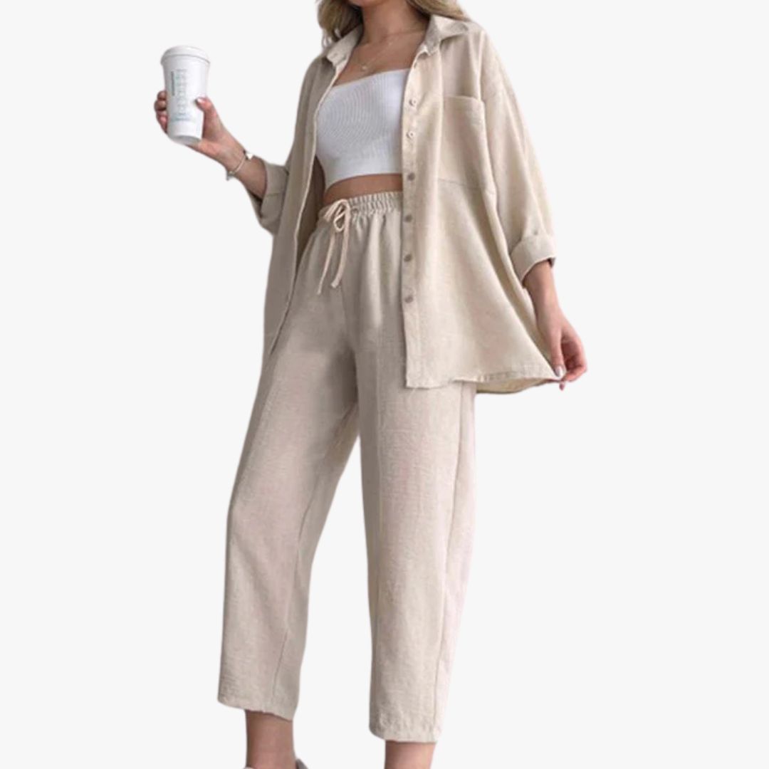 Jace & Rose Co-Ord 2-Piece Set Oversized Button-Up Shirt & Wide-Leg Trousers Relaxed Fit for Women